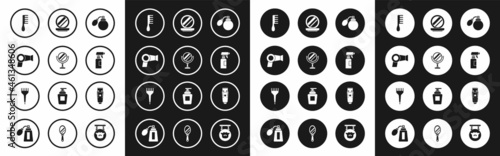 Set Aftershave bottle with atomizer, Round makeup mirror, Hair dryer, Hairbrush, Hairdresser pistol spray, Makeup powder, Electrical hair clipper shaver and icon. Vector