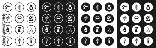 Set Aftershave, Mustache, Round makeup mirror, Hair dryer, Makeup powder with, Hairbrush, Scissors hairdresser and Bottle of shampoo icon. Vector