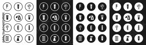 Set Round makeup mirror, Aftershave bottle with atomizer, Shaving brush, Hairbrush, Electric razor blade for men, Electrical hair clipper shaver, Classic Barber shop pole and Hand icon. Vector