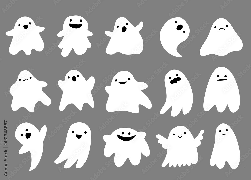 Set of cute ghosts in flat cute cartoon doodle style. Halloween ghost characters. Vector illustration isolated on background. Set of cute ghosts in flat cute cartoon doodle style. Halloween ghost characters. Vector illustration isolated on background.
