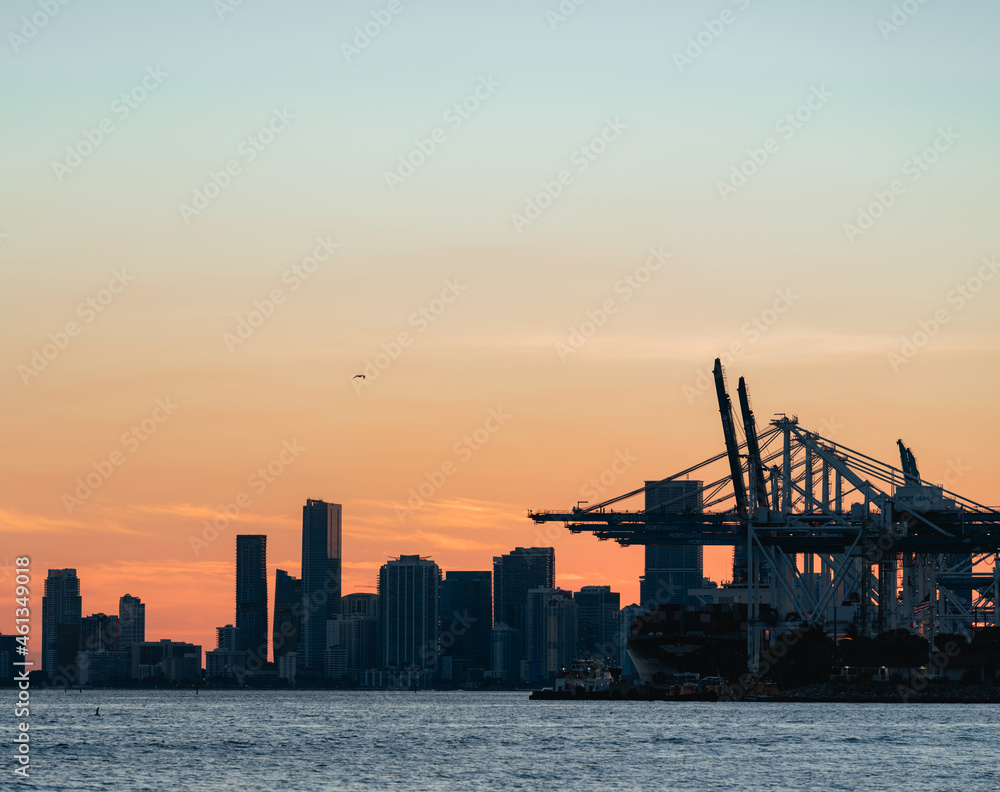 sunset over the city Miami Florida marina industry 