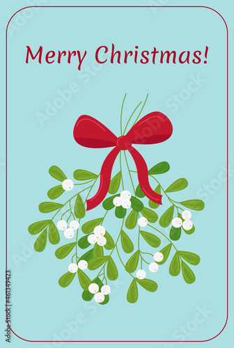 Merry Christmas vintage greeting card. Mistletoe white twig with bow isolated. Vector illustration