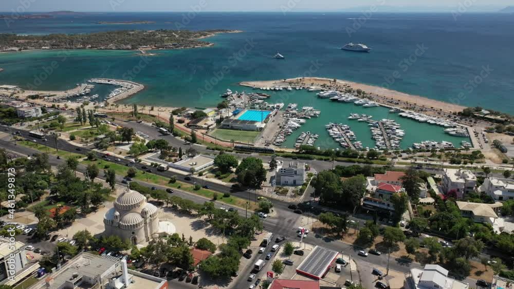 Aerial drone video of famous Glyfada seaside area with beautiful crystal clear sandy beaches, Athens riviera, Attica, Greece Aerial drone video of famous Glyfada seaside area with beautiful crystal clear sandy beaches, Athens riviera, Attica, Greece