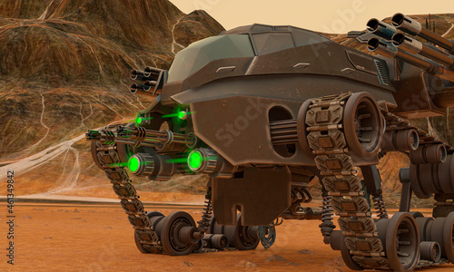 apocalyptic battle tank is going for war in an alien planet close up view