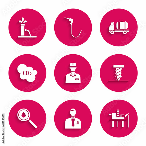 Set Oilman, Businessman or stock market trader, platform the sea, Rotating drill digging hole, drop, CO2 emissions cloud, Tanker truck and pump pump jack icon. Vector