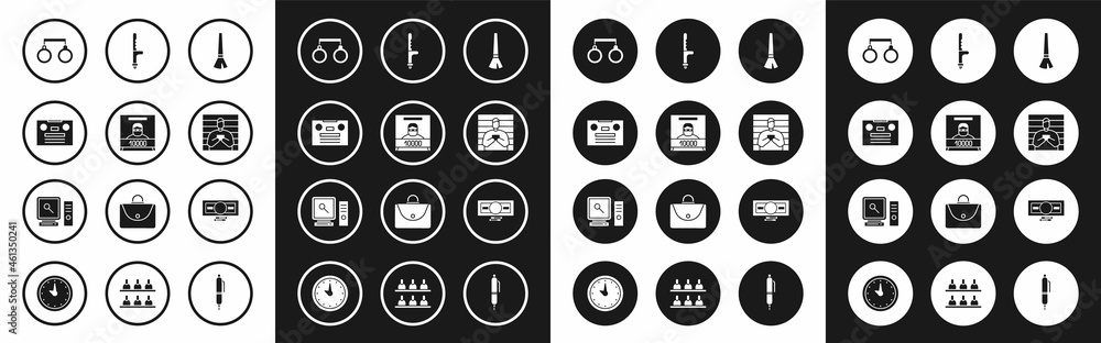 Set Paint brush, Wanted poster, Retro audio cassette tape, Handcuffs, Suspect criminal, Police rubber baton, Stacks paper money cash and Search computer screen icon. Vector Set Paint brush, Wanted poster, Retro audio cassette tape, Handcuffs, Suspect criminal, Police rubber baton, Stacks paper money cash and Search computer screen icon. Vector
