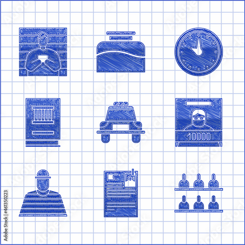 Set Police car and flasher, Lawsuit paper, Jurors, Wanted poster, Prisoner, book, Clock and Suspect criminal icon. Vector