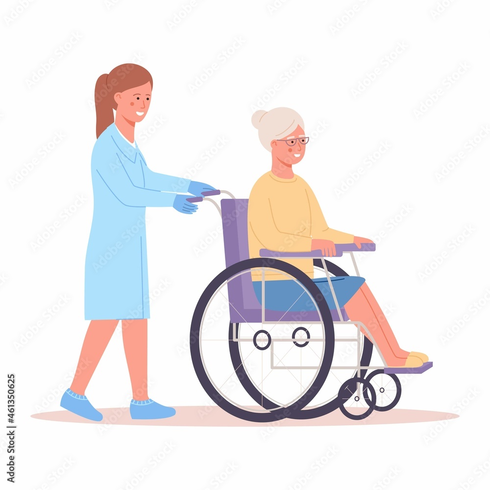 Elderly people support. Vector illustration of senior woman in a wheelchair and a nurse helping her. Isolated on white. Elderly people support. Vector illustration of senior woman in a wheelchair and a nurse helping her. Isolated on white.