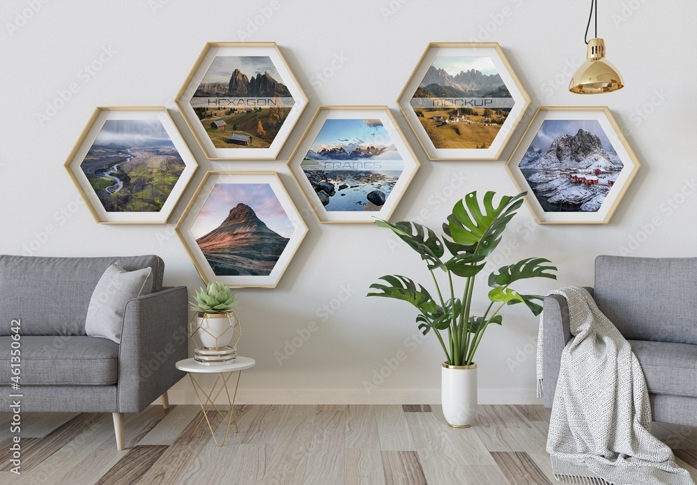 Hexagon Photo Frames Mockup Hanging on Interior Wall Stock Template Adobe Stock
