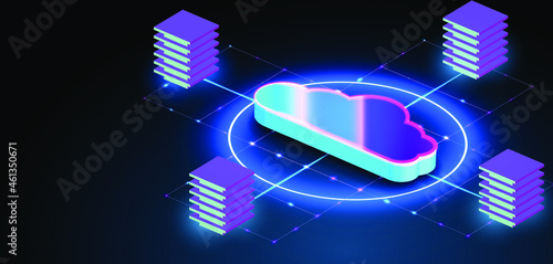 Server room isometric, Cloud storage data, Data center, Big data processing and computing technology. DNS server error and global failure of all social networks