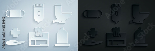 Set Wet wipe pack, Toilet bowl, Cross hospital medical, Condom, Electrical hair clipper or shaver and Medical protective mask icon. Vector