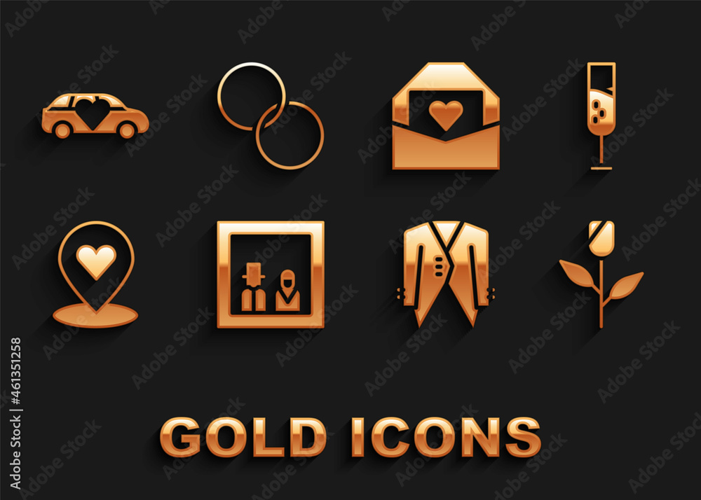 Set Family photo, Glass of champagne, Flower rose, Suit, Location with heart, Envelope Valentine, Limousine car and Wedding rings icon. Vector Set Family photo, Glass of champagne, Flower rose, Suit, Location with heart, Envelope Valentine, Limousine car and Wedding rings icon. Vector