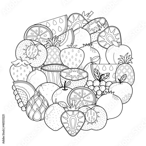 Doodle fruits circle shape pattern for coloring book. Food mandala coloring page. Black and white print with strawberry, dragon fruit, peach, etc. Vector illustration
