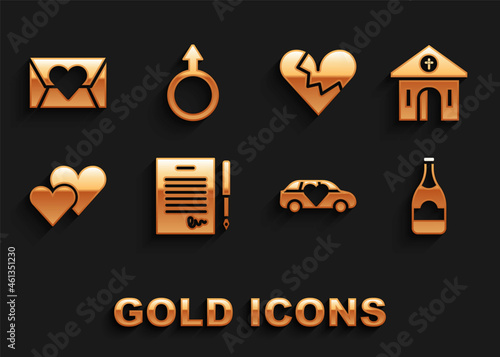 Set Marriage contract, Church building, Champagne bottle, Limousine car, Heart, Broken heart or divorce, Envelope with Valentine and Male gender symbol icon. Vector