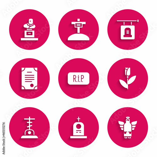 Set Speech bubble rip death, Grave with tombstone, Christmas angel, Flower rose, cross, Death certificate, Signboard and icon. Vector