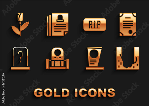 Set Grave with tombstone, Death certificate, Cemetery digged grave hole, Speech bubble rip death, Flower rose and icon. Vector