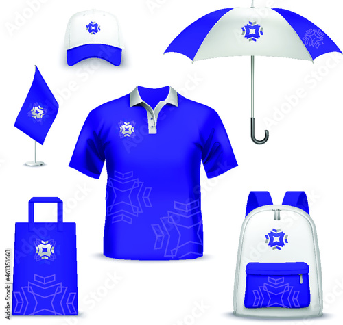 promotional and advertising layouts of an umbrella, t-shirt, bag, flag, cap
