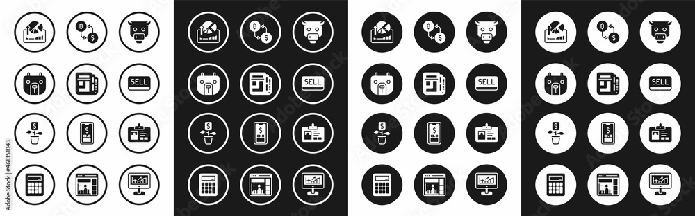 Set Bull market, Stock news, Bear, Stocks growth graphs, Sell button, Cryptocurrency exchange, Identification badge and Dollar plant icon. Vector