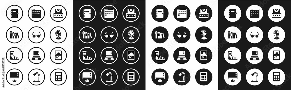 Set Waistcoat, Eyeglasses, Book, Spiral notebook, Earth globe, Binary code, Card game and Slippers with socks icon. Vector Set Waistcoat, Eyeglasses, Book, Spiral notebook, Earth globe, Binary code, Card game and Slippers with socks icon. Vector