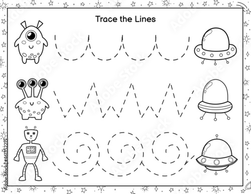 Trace lines from cute aliens to the flying saucers. Activity page for kids. Handwriting practice black and white worksheet with funny space characters. Coloring page for preschool. Vector illustration