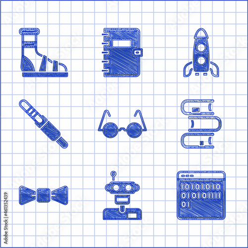 Set Eyeglasses, Robot, Binary code, Book, Bow tie, Audio jack, Rocket ship and Slippers with socks icon. Vector