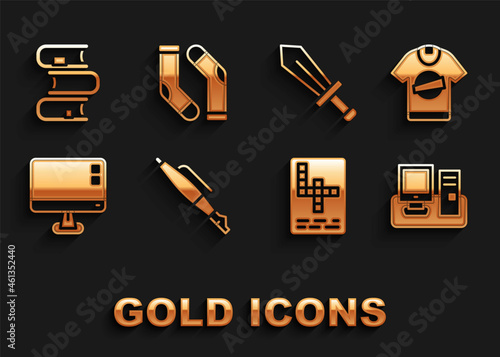 Set Fountain pen nib, T-shirt, Monitor with keyboard, Crossword, Computer monitor screen, Sword for game, Book and Socks icon. Vector