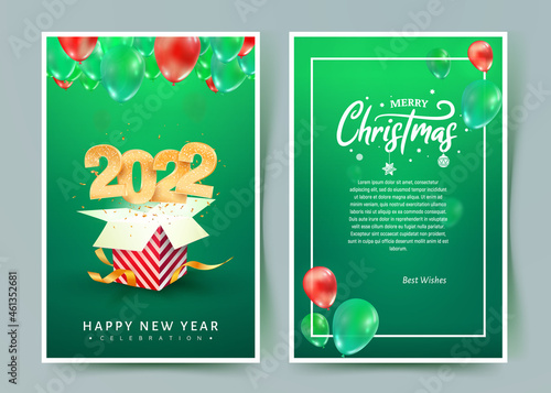 2022 Happy New Year vector invitation card. Merry Christmas celebration brochure. Template Xmas celebrate card for print on green background