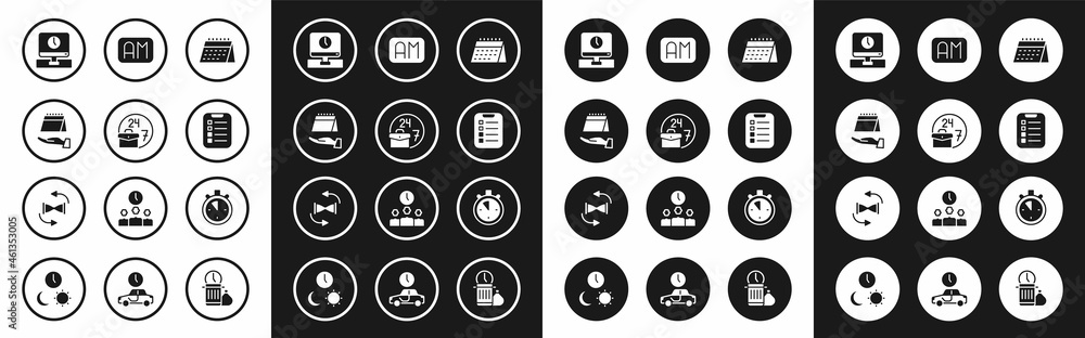 Set Calendar, Always busy, Monitor time, To do list planning, Morning, Stopwatch and Old hourglass with sand icon. Vector Set Calendar, Always busy, Monitor time, To do list planning, Morning, Stopwatch and Old hourglass with sand icon. Vector