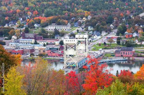 he Portage Lake Lift Bridge connects the cities of Hancock and Houghton, was built in 1959. photo