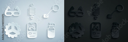 Set Bicycle rental mobile app, rear view mirror, sprocket crank, Sport bottle with water, suspension and cycling sunglasses icon. Vector