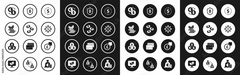 Set Financial growth and dollar, Coin money with, Dollar plant, Money exchange, Dollar, share, network, Shield bitcoin, pound and Currency icon. Vector Set Financial growth and dollar, Coin money with, Dollar plant, Money exchange, Dollar, share, network, Shield bitcoin, pound and Currency icon. Vector