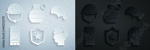 Set Military reward medal, Gas mask, Dynamite and timer clock, Army soldier, Hand grenade and helmet icon. Vector