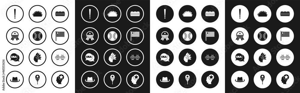 Set Sandwich, Baseball ball, Medal with star, bat, American flag, Taco tortilla, Golden gate bridge and USA Independence day icon. Vector Set Sandwich, Baseball ball, Medal with star, bat, American flag, Taco tortilla, Golden gate bridge and USA Independence day icon. Vector