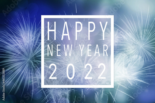  holiday festive glittering defocused blue background with bokeh lights and fireworks - Happy new year 2021 card