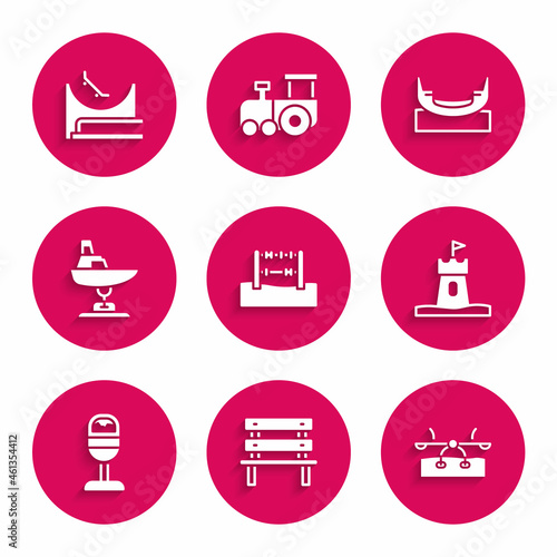 Set Abacus, Bench, Seesaw, Sand tower, Trash can, Swing boat, Boat swing and Skate park icon. Vector