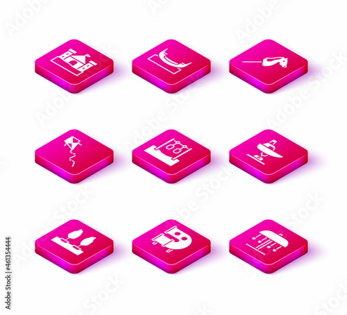 Set Forest, Kid playground slide pipe, Kite, Gymnastic rings, Attraction carousel, Swing boat, Toy horse and Boat swing icon. Vector