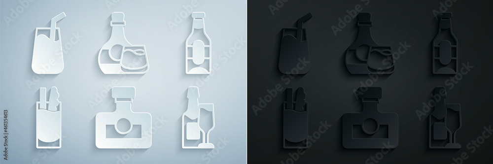 Set Alcohol drink Rum, Beer bottle, Cocktail Bloody Mary, Champagne and glass, Whiskey and icon. Vector Set Alcohol drink Rum, Beer bottle, Cocktail Bloody Mary, Champagne and glass, Whiskey and icon. Vector