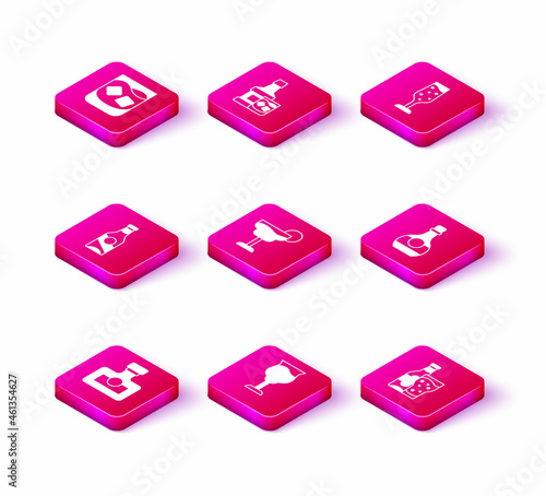 Set Alcohol drink Rum, Wine glass, Beer bottle, Cocktail, and, Bottle of cognac or brandy, Glass champagne and Whiskey icon. Vector
