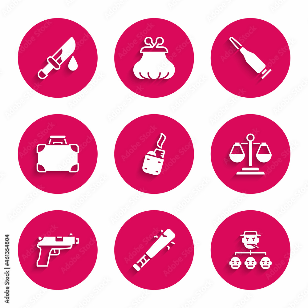 Set Lighter, Baseball bat with nails, Mafia, Scales of justice, Pistol or gun, Briefcase and money, Bullet and Bloody knife icon. Vector Set Lighter, Baseball bat with nails, Mafia, Scales of justice, Pistol or gun, Briefcase and money, Bullet and Bloody knife icon. Vector