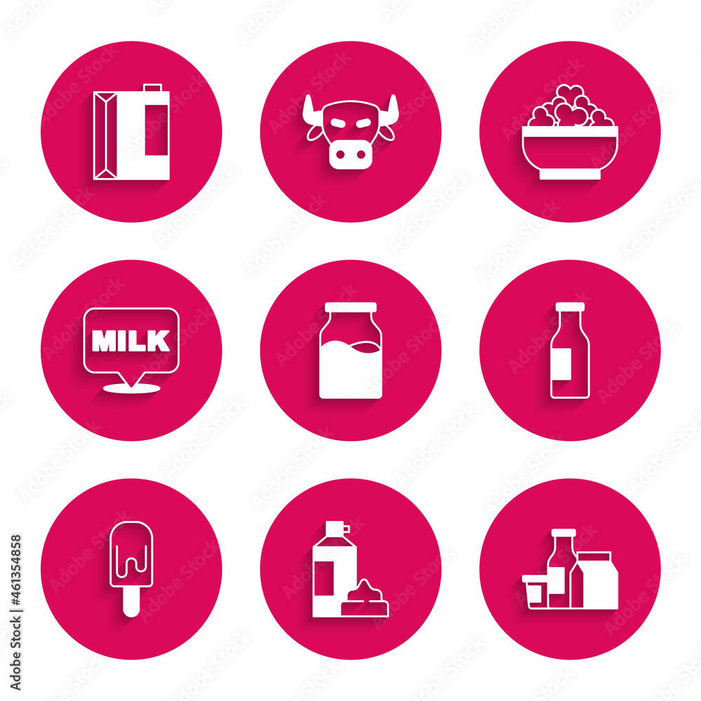 Set Bottle with milk, Whipped cream in bottle, Milk product, Ice, Lettering, Cottage cheese and Paper package for kefir icon. Vector Set Bottle with milk, Whipped cream in bottle, Milk product, Ice, Lettering, Cottage cheese and Paper package for kefir icon. Vector