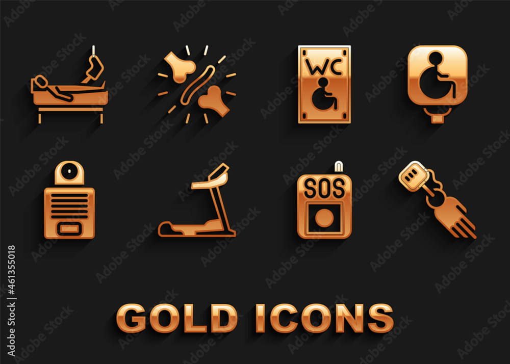 Set Treadmill machine, Disabled wheelchair, Prosthesis hand, Press SOS button, Intercom, Separated toilet for disabled, Patient with broken leg and Joint pain, knee pain icon. Vector Set Treadmill machine, Disabled wheelchair, Prosthesis hand, Press SOS button, Intercom, Separated toilet for disabled, Patient with broken leg and Joint pain, knee pain icon. Vector
