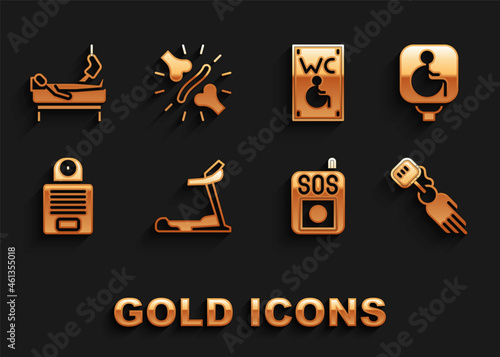 Set Treadmill machine, Disabled wheelchair, Prosthesis hand, Press SOS button, Intercom, Separated toilet for disabled, Patient with broken leg and Joint pain, knee pain icon. Vector