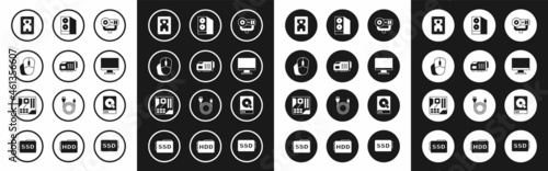 Set Web camera, Video graphic card, Computer mouse, Hard disk drive HDD, monitor screen, Case of computer, and Motherboard digital chip icon. Vector