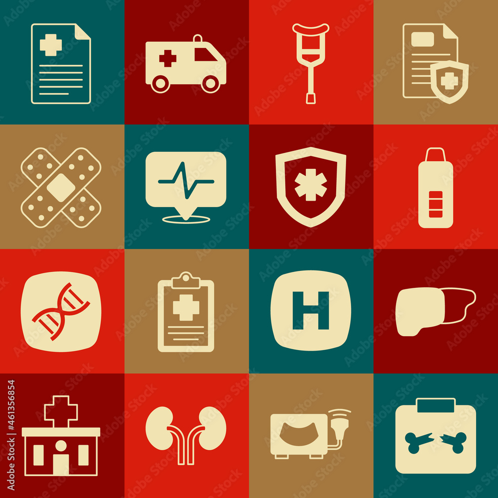 Set X-ray shots with broken bone, Human organ liver, Digital thermometer, Crutch crutches, Heart rate, Crossed bandage plaster, Patient record and Life insurance icon. Vector Set X-ray shots with broken bone, Human organ liver, Digital thermometer, Crutch crutches, Heart rate, Crossed bandage plaster, Patient record and Life insurance icon. Vector