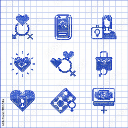 Set Female gender, Packaging of birth control pills, Money growth woman, Work for female, Heart with, Feminism, Feminist activist and Gender icon. Vector