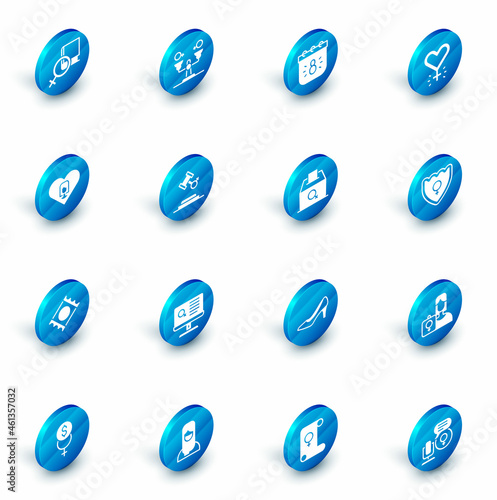 Set Gender equality, Calendar with 8 March, Feminism, Heart female, Condom package, Female rights, shield, and vote icon. Vector