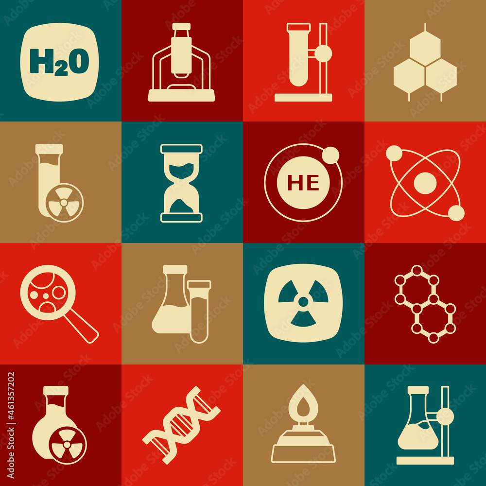 Set Test tube flask on stand, Molecule, Atom, Old hourglass, with toxic liquid, Chemical formula H2O and Helium icon. Vector Set Test tube flask on stand, Molecule, Atom, Old hourglass, with toxic liquid, Chemical formula H2O and Helium icon. Vector