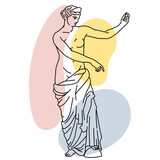 Vector illustration of antique statue of standing woman. Line drawing of ancient greek sculpture with color spots background.