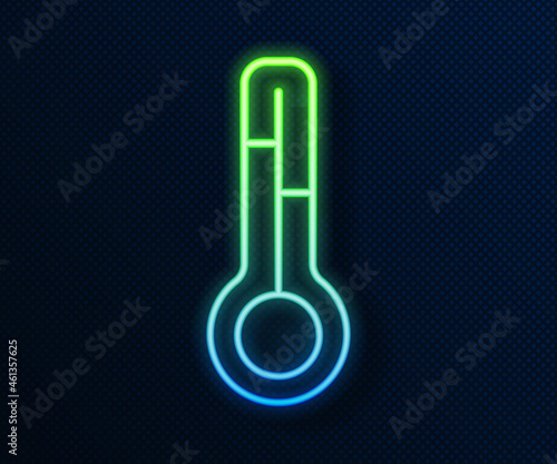 Glowing neon line Meteorology thermometer measuring icon isolated on blue background. Thermometer equipment showing hot or cold weather. Vector