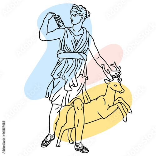 Vector illustration of antique statue Diana of Versailles. Line drawing of ancient greek sculpture Artemis with color spots background. photo